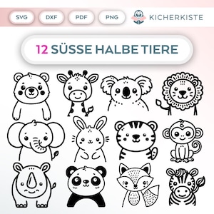 Op de afbeelding: Een set van 12 zwart-witte lijntekeningen van schattige dierengezichten. De dieren zijn een beer, een giraffe, een koala, een leeuw, een olifant, een konijn, een tijger, een aap, een neushoorn, een panda, een vos en een zebra.