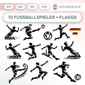 Könnte beinhalten: Schwarz-weiße Silhouette-Illustrationen von 10 Fußballspielern in verschiedenen Posen, darunter Treten, Laufen und Rutschen. Ein Fußball und eine deutsche Flagge sind ebenfalls enthalten. Der Text "10 FUSSBALLSPIELER + FLAGGE" befindet sich oben im Bild.