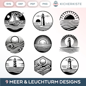 Plotterdatei Meer SVG PNG Deutsche Schneidedatei Clipart Leuchtturm Sonnenuntergang Meer selbst drucken Silhouette Plotter svg’s Ostsee