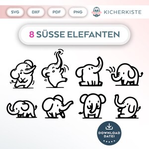 Op de afbeelding: Een verzameling van acht cartoon olifant illustraties in zwart en wit. Elke olifant heeft een unieke pose, sommige staan, dansen of heffen hun slurf. De tekst "8 Süße Elefanten" wordt boven de illustraties weergegeven.
