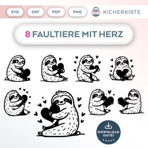 Op de afbeelding: Acht zwart-witte illustraties van luiaards die harten vasthouden. Elke luiaard staat in een andere pose. De tekst "8 FAULTIERE MIT HERZ" staat bovenaan de afbeelding.