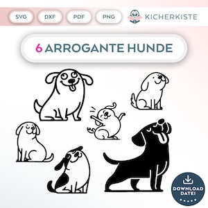 Op de afbeelding: Zes zwart-witte lijntekeningen van honden met verschillende uitdrukkingen. De tekst "6 ARROGANTE HONDEN" staat bovenaan de afbeelding.