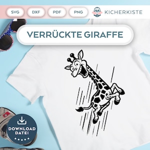 以下が含まれることがあります： 驚いた表情をしたキリンが、斜めの線の上を走っている白黒のイラスト。画像の上に「VERRÜCKTE GIRAFFE」というテキストがあります。