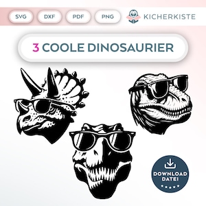 May include: Three black and white illustrations of dinosaurs wearing sunglasses. The dinosaurs are a triceratops, a velociraptor, and a tyrannosaurus rex. The text "3 COOLE DINOSAURIER" is at the top of the image.