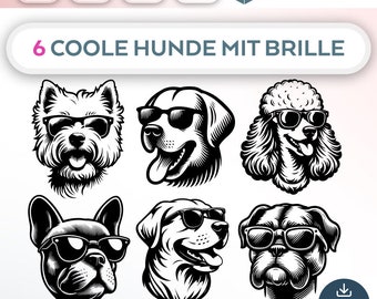 Bundle Plotterdatei Hunde SVG PNG Deutsche Schneidedatei Clipart für T-Shirt 6 coole Hunde zum selbst drucken Silhouette Plotter dog svg’s