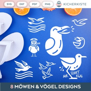 Pode incluir: Oito ilustrações vetoriais em preto e branco de gaivotas e pássaros sobre um fundo azul. Os designs incluem uma gaivota com um chapéu de marinheiro, uma gaivota com uma onda, uma gaivota com um balão de fala, uma gaivota com um peixe, um pássaro com um balão de fala e três pássaros voando em formação. O texto "8 MÖWEN & VÖGEL DESIGNS" está na parte inferior da imagem.