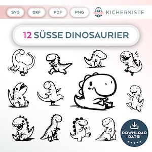 Op de afbeelding: Een set van 12 zwart-witte lijntekeningen van schattige dinosaurussen in verschillende poses. De tekst "12 SÜSSE DINOSAURIER" staat bovenaan de afbeelding.