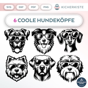Op de afbeelding: Zes zwart-wit illustraties van hondenkoppen die zonnebrillen dragen. De tekst "6 COOLE HUNDEKÖPFE" staat bovenaan de afbeelding.