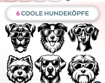 Bundle Plotterdatei Hunde SVG PNG Deutsche Schneidedatei Clipart 6 coole Hundeköpfe zum selbst drucken Silhouette Plotter dog svg’s