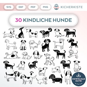 Op de afbeelding: Een set van 30 zwart-wit illustraties van honden in verschillende poses. De illustraties zijn eenvoudig en cartoonachtig, met een speelse en kinderlijke stijl. De tekst "30 KINDLICHE HUNDE" staat bovenaan de afbeelding.