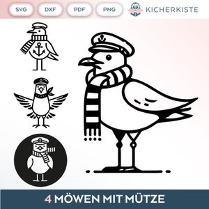 Pode incluir: Quatro ilustrações em preto e branco de gaivotas usando chapéus de marinheiro. As gaivotas estão em poses diferentes, algumas com lenços. O texto "4 MÖVEN MIT MÜTZE" está na parte inferior da imagem.