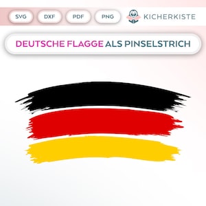 Op de afbeelding: Een zwart, rood en gele Duitse vlag geschilderd in een penseelstreek stijl. De tekst "DEUTSCHE FLAGGE ALS PINSELSTRICH" staat boven de vlag.