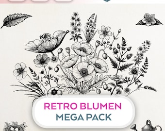 Bundle Plotterdatei Wildblumen SVG PNG Deutsche Schneidedatei Clipart Retro Blumen selbst drucken Silhouette Plotter Blumen svg's Wildblumen