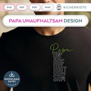 Op de afbeelding: Zwart T-shirt met een groene en witte afbeelding met de tekst "Papa Un Auf Halt Sam".