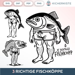Pode incluir: Ilustração a preto e branco de três peixes com corpos humanos a usar calções. Os peixes estão de pé sobre um fundo branco. O texto "3 Richtige Fischköppe" está na parte inferior da imagem. O texto "N' Richtigää Fischkopp" está na parte inferior direita da imagem.