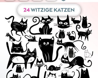 Pacote Plotterdatei Katzen SVG PNG Deutsche Schneidedatei Clipart para camiseta com Katzen selbst drucken Silhouette Plotter svg’s