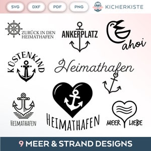 Pode incluir: Nove ilustrações vetoriais em preto e branco sobre temas náuticos e de praia. Os designs incluem âncoras, uma gaivota, um coração com ondas e texto que diz "Heimathfen", "Ankerplatz", "Kustenkind", "Zurueck in den Heimathfen", "Ahoi", "Meer Liebe" e "Heimathfen".