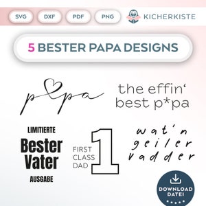 Op de afbeelding: Vijf zwart-witte ontwerpen voor Vaderdag. De ontwerpen bevatten de woorden "Best Dad", "First Class Dad", "The Effin' Best P*pa", "Wat'n Geiler Vadder" en een hart met het woord "Papa" eromheen.