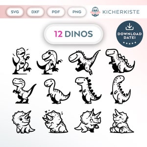 Op de afbeelding: Twaalf zwart-witte cartoon-dinosaurus illustraties. De dinosaurussen staan in verschillende poses, waaronder staand, lopend en zittend. De tekst "12 DINOS" staat bovenaan de afbeelding.