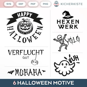 May include: Six black and white Halloween themed illustrations. The illustrations include a pumpkin with the words "Happy Halloween", a witch's hat with the words "Hexen Werk", a skeleton with the word "YOLO", a ghost with the word "buh", a spider with the words "Verflucht Gut", and a bat with the words "Muhaha".