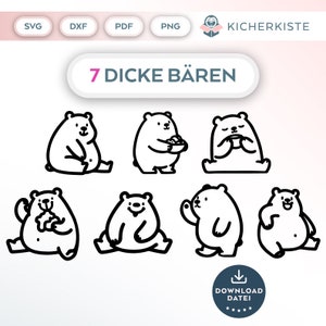 Op de afbeelding: Zeven zwart-witte lijntekeningen van ijsberen in verschillende poses. De beren zijn allemaal rond en dik. De tekst "7 DICKE BÄREN" staat bovenaan de afbeelding.