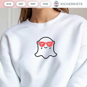 May include: White sweatshirt with a black and white illustration of a ghost wearing red sunglasses. The ghost has a happy expression.