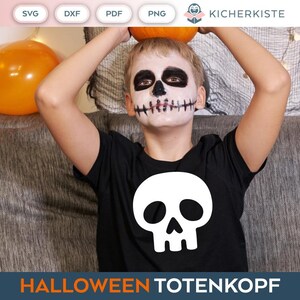May include: A child wearing a black t-shirt with a white skull graphic. The child has a skeleton face painted on their face. The text "HALLOWEEN TOTENKOPF" is at the bottom of the image.