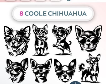 Bundle Plotterdatei Hunde SVG PNG Deutsche Schneidedatei Clipart 8 coole Chihuahua Hunde zum selbst drucken Silhouette Plotter dog svg’s