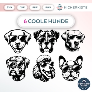 Op de afbeelding: Zes zwart-wit illustraties van honden met zonnebrillen. De honden zijn een Labrador Retriever, een Boxer, een Poedel, een Franse Bulldog en twee andere Labrador Retrievers. De tekst "6 COOLE HUNDE" staat bovenaan de afbeelding.