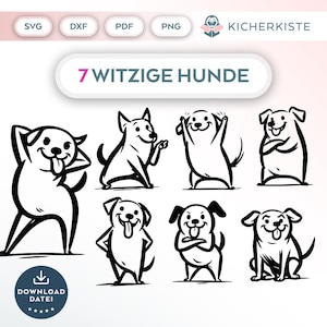Op de afbeelding: Zeven zwart-witte illustraties van honden in verschillende poses. De honden zijn allemaal cartoonachtig en hebben overdreven kenmerken. De tekst "7 WITZIGE HUNDE" staat bovenaan de afbeelding.
