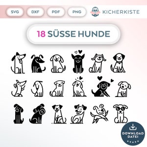 Op de afbeelding: Een set van 18 zwart-wit illustraties van schattige honden in verschillende poses. De illustraties zijn eenvoudig en gestileerd, met een speelse en eigenzinnige uitstraling. De tekst "18 SÜSSE HUNDE" staat bovenaan de afbeelding.