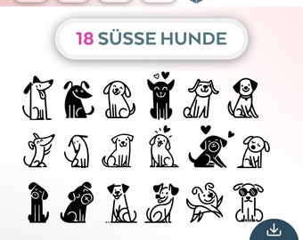 Può includere: Un set di 18 illustrazioni in bianco e nero di cani carini in varie pose. Le illustrazioni sono semplici e stilizzate, con un tocco giocoso e fantasioso. Il testo "18 SÜSSE HUNDE" è in cima all'immagine.
