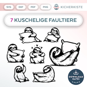 Op de afbeelding: Zeven zwart-wit illustraties van luiaards die kussens vasthouden. De luiaards zijn in verschillende poses, sommige zitten, sommige liggen en sommige staan. De tekst "7 KUSCHELIGE FAULTIERE" staat bovenaan de afbeelding.