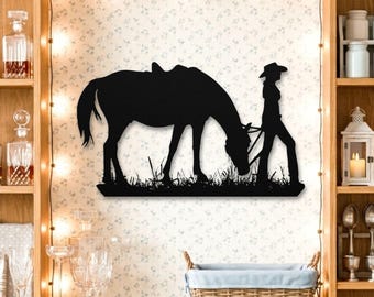 Cowgirl Sign Metal Wall Art Horse Home Decor Metal Western Wall Art Cowgirl Outdoor Wall Decor Horse Wall Art Metal Horse in Field Art