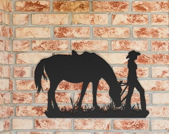 Cowgirl Sign Metal Wall Art Horse Home Decor Metal Western Wall Art Cowgirl Outdoor Wall Decor Horse Wall Art Metal Horse in Field Art