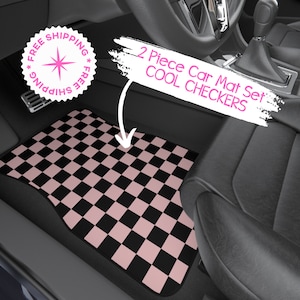 Pink Checkered Car Floor Mats, Cute Girly Car Accessories for Her Car, Gift for New Car Owner, Front Pair Car Mats for Women Car Decor