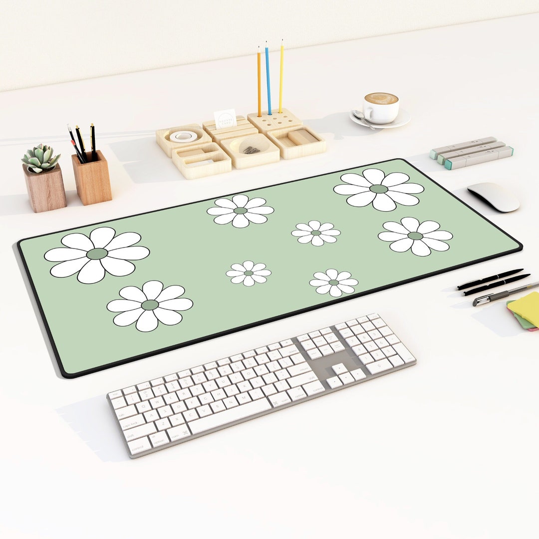 Large Sage Green Desk Mat Flowers, Large Green Desk Pad, Gamer Girl