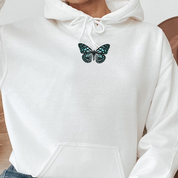 White hoodie on sale with blue butterfly