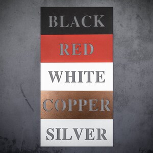 May include: Five color swatches labeled "BLACK", "RED", "WHITE", "COPPER", and "SILVER".