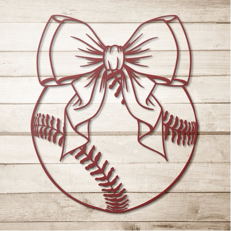 May include: A red baseball with a white bow tied around it. The baseball has white stitching and red laces.
