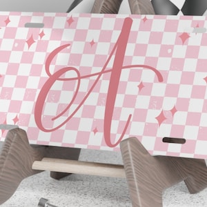 Initial Pink Checkered License Plate Personalized, Grunge Checkers Pink