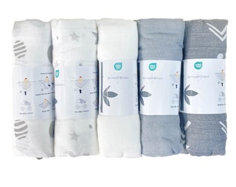 5 Pack Baby Swaddle Muslin Blankets 100% Cotton Bamboo 47in. X 47in. Neutral Colors Swaddle, Nursing Cover, Stroller Cover