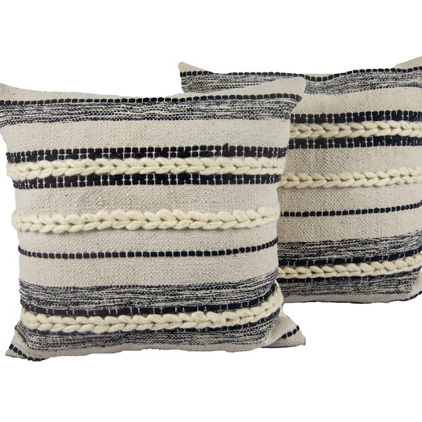 Decorative Throw Pillow Black, Beige Tan Stuffed Rope Stripped Textured Modern Pillow Interior Design- 2pk