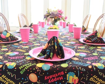 Happy Birthday Tablecloth Black Restaurant Quality Polyester Fabric Machine Wash and Dry No Wrinkles No Iron No Stains Made in USA All Sizes
