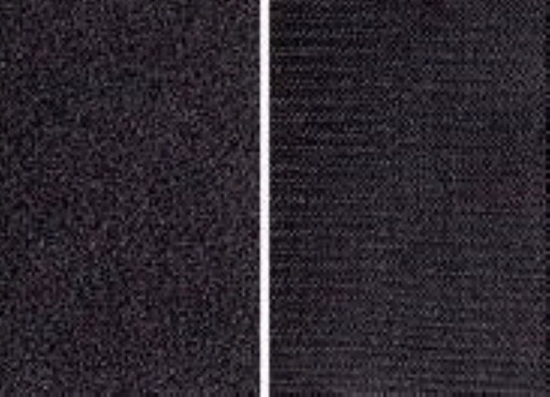 May include: Two close-up swatches of black fabric. The fabric on the left has a fuzzy texture. The fabric on the right has a smooth, ribbed texture.