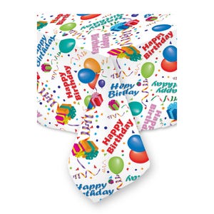 May include: White plastic tablecloth with a colorful pattern of balloons, confetti, and the words "Happy Birthday".