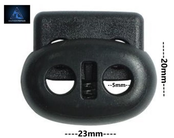 Southern Textiles Double Hole Cord Lock/Slide Lock/Toggle/Paracord Spring Loaded Black Plastic (5mm hole/20mm high)