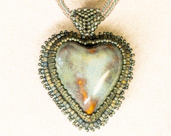 Handmade Slate and Brown Bead Embroidery Ceramic Heart Pendant Necklace