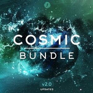 Op de afbeelding: Een grafisch ontwerppakket met een kosmisch thema met de tekst "COSMIC BUNDLE v2.0 UPDATED" op een donkerblauwe achtergrond met witte sterren en een nevel.