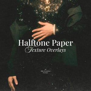 May include: A digital graphic featuring the text Halftone Paper Texture Overlays and 30 High-Resolution Overlays. The background displays a dark, textured surface with a shimmering, glitter-like effect and a central circular metallic ring element.